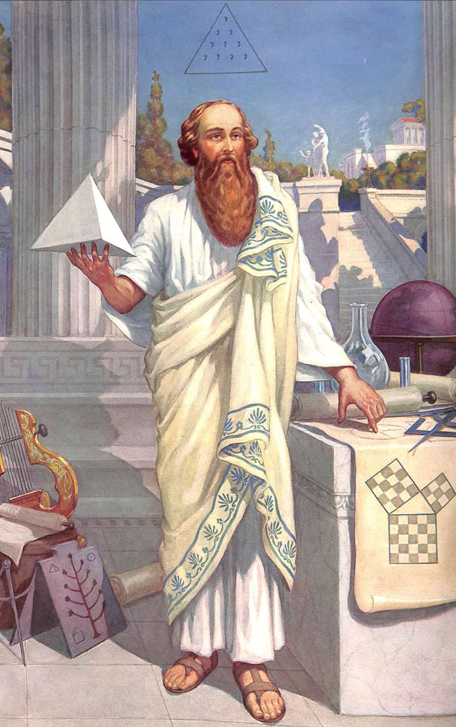 A painting of Pythagoras. He is wearing white robes and holding out a triangular prism. There is a triangle drawn above his head. He is outdoors, and appears to be preaching.
